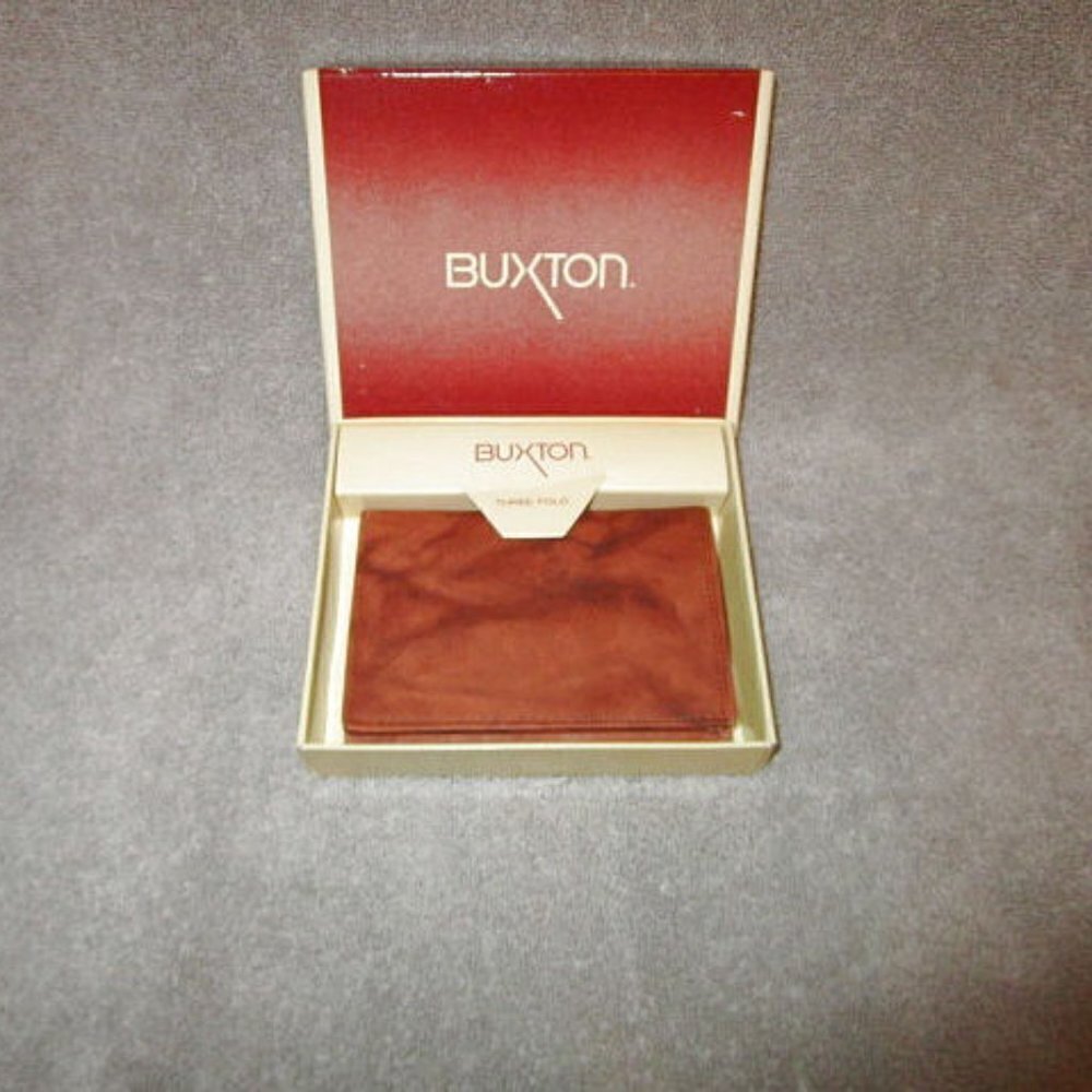 NOS Vintage Buxton Cowhide Leather Tri-Fold Wallet Brown With Box USA Made NEW